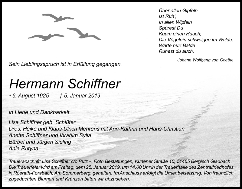  Traueranzeige für Hermann Schiffner vom 11.01.2019 aus Kölner Stadt-Anzeiger / Kölnische Rundschau / Express