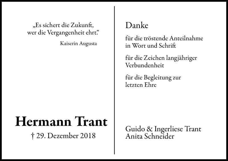  Traueranzeige für Hermann Trant vom 26.01.2019 aus Kölner Stadt-Anzeiger / Kölnische Rundschau / Express