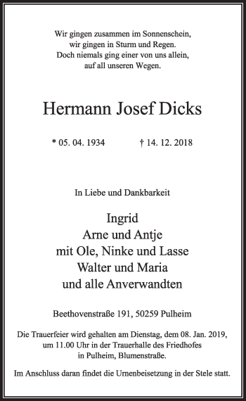 Anzeige von Hermann Josef Dicks von  Sonntags-Post 