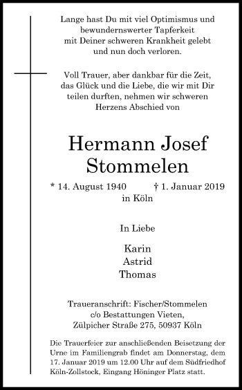 Anzeige von Hermann Josef Stommelen von Kölner Stadt-Anzeiger / Kölnische Rundschau / Express