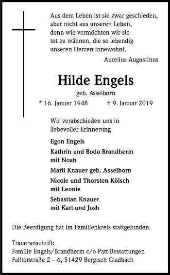 Anzeige von Hilde Engels von Kölner Stadt-Anzeiger / Kölnische Rundschau / Express