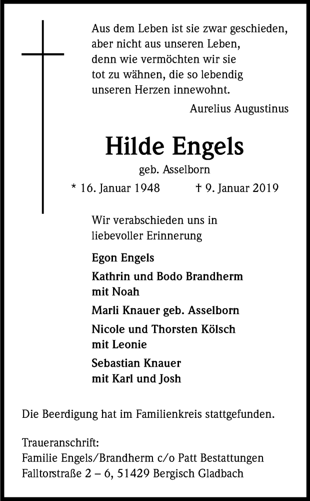  Traueranzeige für Hilde Engels vom 23.01.2019 aus Kölner Stadt-Anzeiger / Kölnische Rundschau / Express