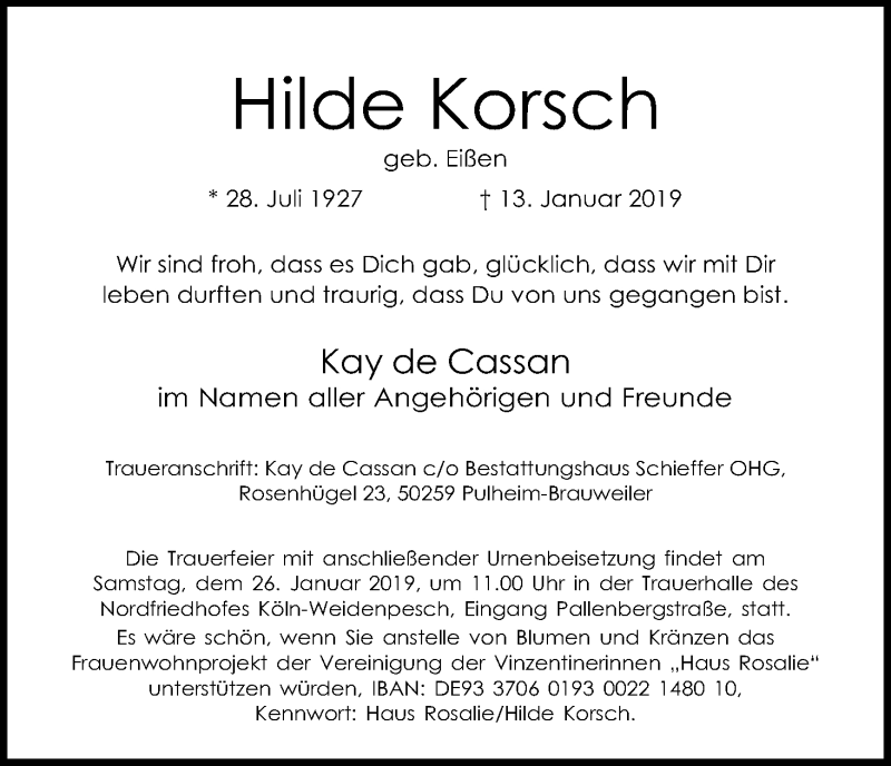  Traueranzeige für Hilde Korsch vom 19.01.2019 aus Kölner Stadt-Anzeiger / Kölnische Rundschau / Express