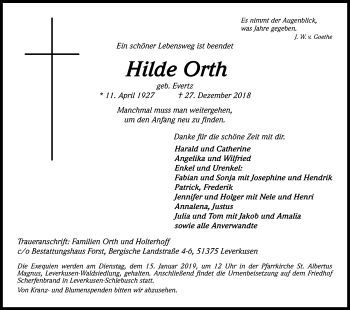 Anzeige von Hilde Orth von Kölner Stadt-Anzeiger / Kölnische Rundschau / Express