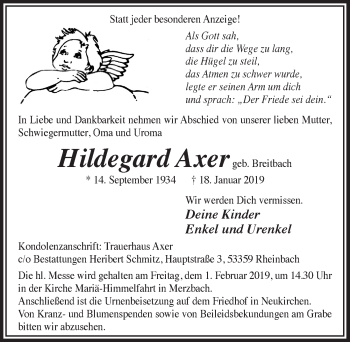 Anzeige von Hildegard Axer von  Schaufenster/Blickpunkt 