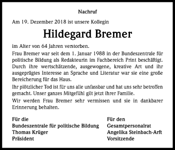 Anzeige von Hildegard Bremer von Kölner Stadt-Anzeiger / Kölnische Rundschau / Express
