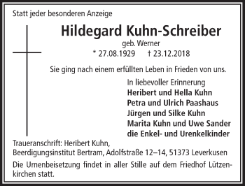 Anzeige von Hildegard Kuhn-Schreiber von  Leverkusener Wochenende 