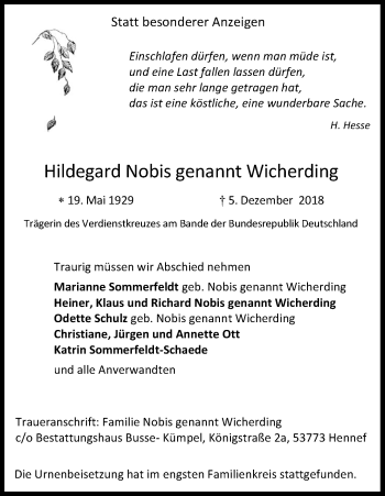 Anzeige von Hildegard Nobis von Kölner Stadt-Anzeiger / Kölnische Rundschau / Express