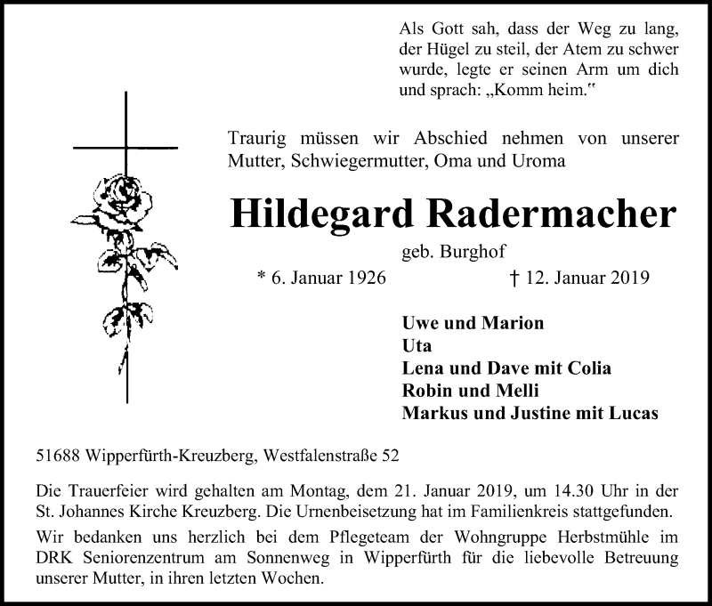  Traueranzeige für Hildegard Radermacher vom 16.01.2019 aus Kölner Stadt-Anzeiger / Kölnische Rundschau / Express