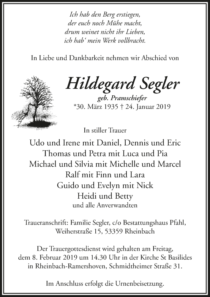  Traueranzeige für Hildegard Segler vom 30.01.2019 aus  Schaufenster/Blickpunkt 