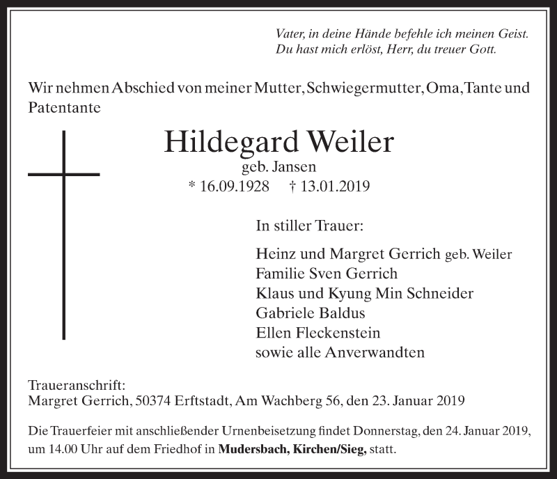  Traueranzeige für Hildegard Weiler vom 23.01.2019 aus  Werbepost 