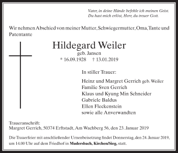 Anzeige von Hildegard Weiler von  Werbepost 