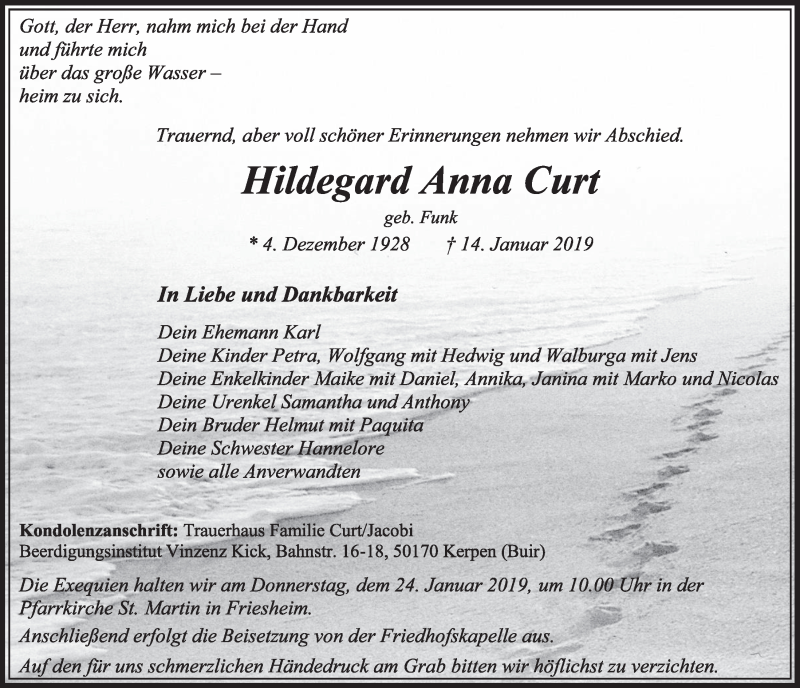  Traueranzeige für Hildegard Anna Curt vom 19.01.2019 aus  Sonntags-Post 