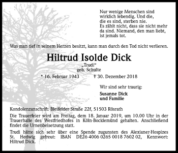 Anzeige von Hiltrud Isolde Dick von Kölner Stadt-Anzeiger / Kölnische Rundschau / Express