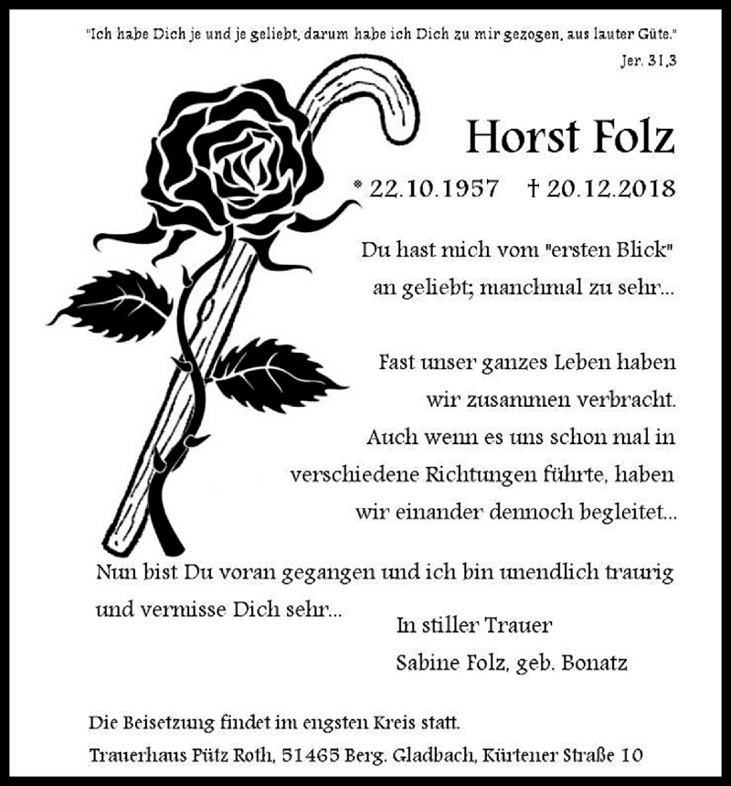  Traueranzeige für Horst Folz vom 05.01.2019 aus Kölner Stadt-Anzeiger / Kölnische Rundschau / Express