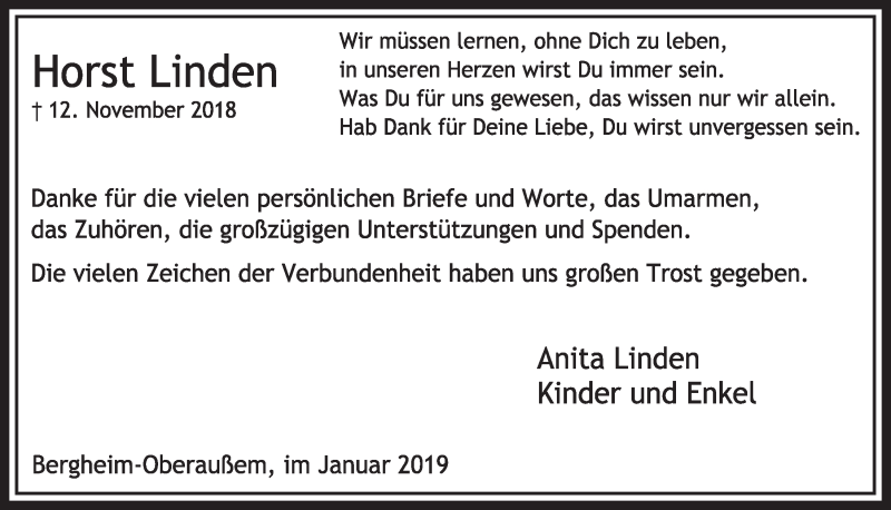  Traueranzeige für Horst Linden vom 05.01.2019 aus  Sonntags-Post 