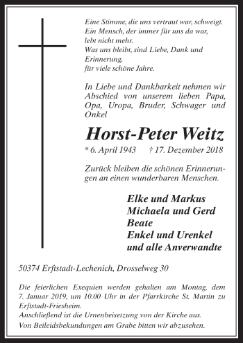 Anzeige von Horst-Peter Weitz von  Werbepost 