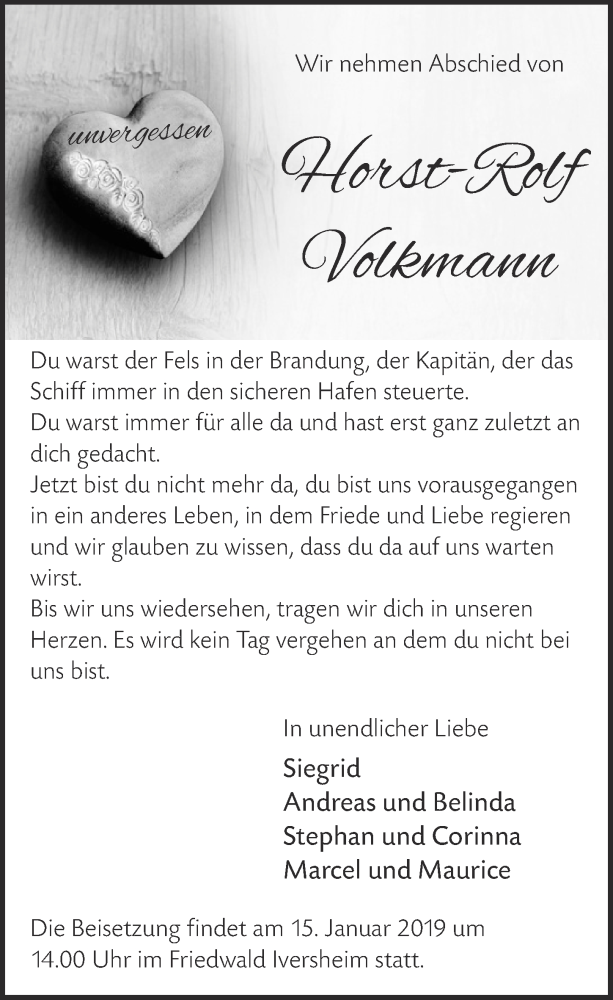  Traueranzeige für Horst-Rolf Volkmann vom 12.01.2019 aus  Blickpunkt Euskirchen 