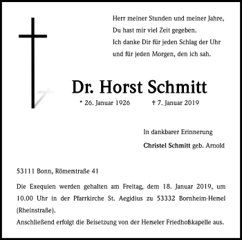 Anzeige von Horst Schmitt von Kölner Stadt-Anzeiger / Kölnische Rundschau / Express