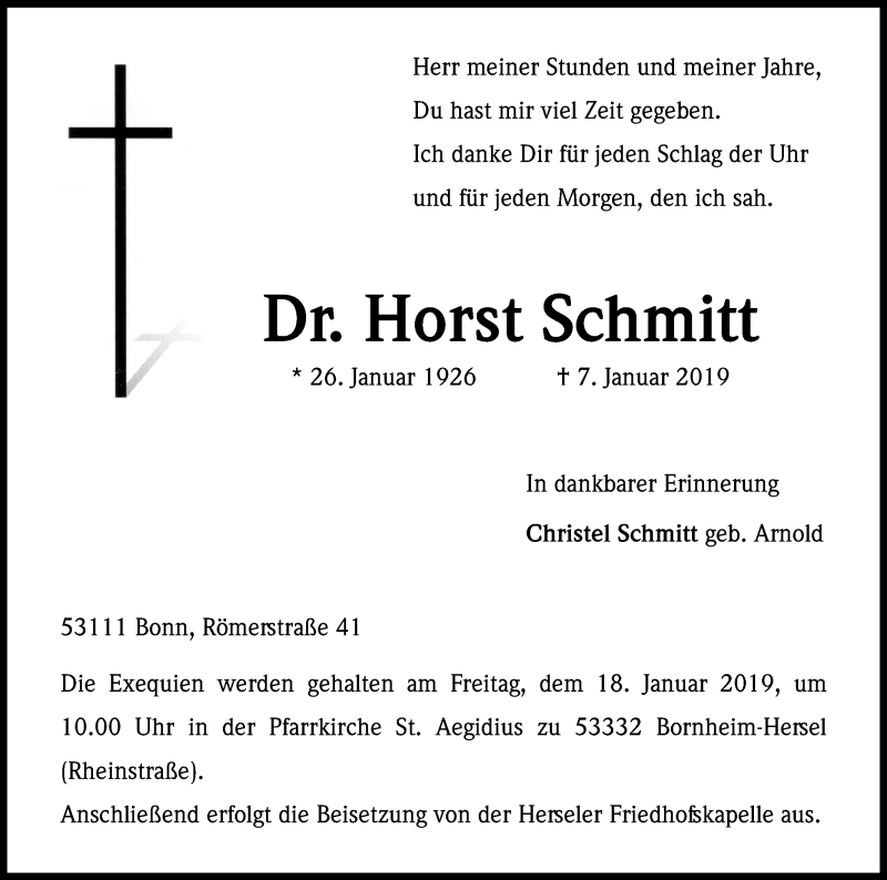  Traueranzeige für Horst Schmitt vom 12.01.2019 aus Kölner Stadt-Anzeiger / Kölnische Rundschau / Express