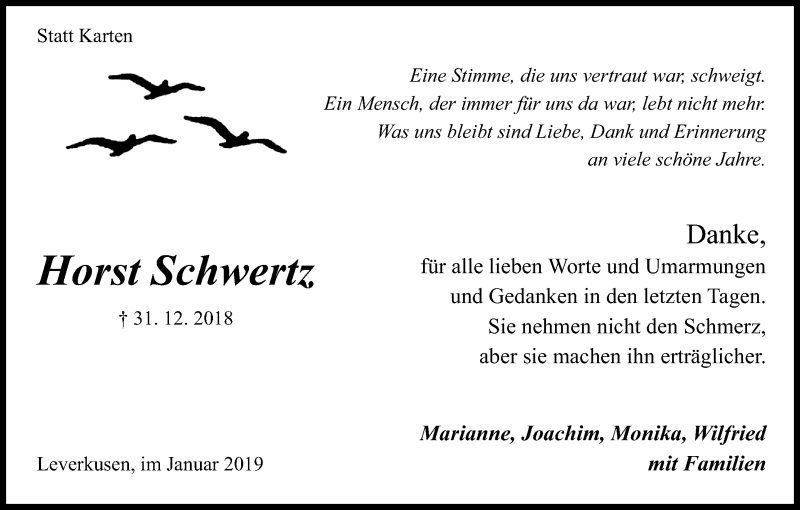  Traueranzeige für Horst Schwertz vom 26.01.2019 aus Kölner Stadt-Anzeiger / Kölnische Rundschau / Express