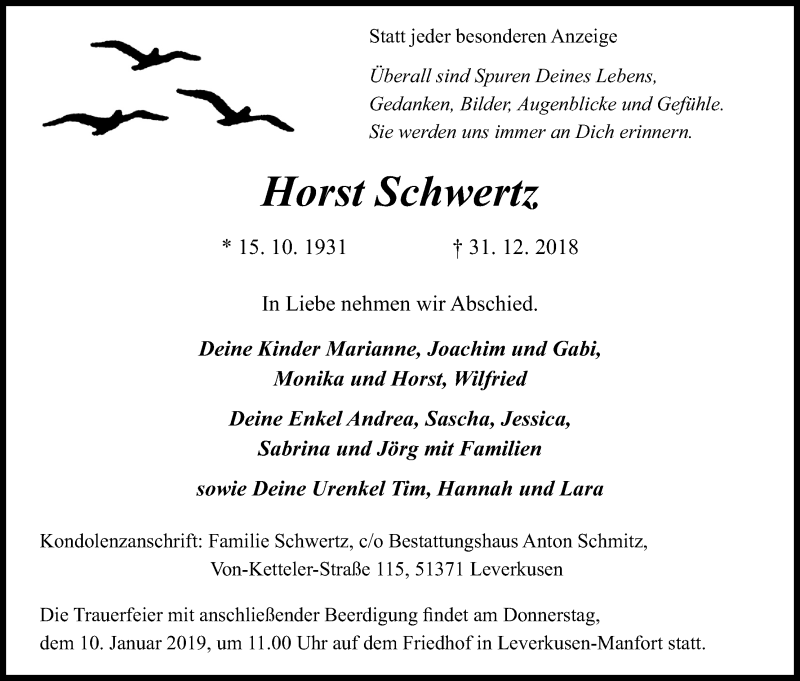  Traueranzeige für Horst Schwertz vom 05.01.2019 aus Kölner Stadt-Anzeiger / Kölnische Rundschau / Express