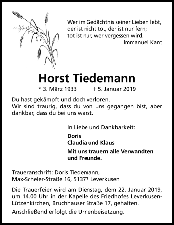 Anzeige von Horst Tiedemann von Kölner Stadt-Anzeiger / Kölnische Rundschau / Express