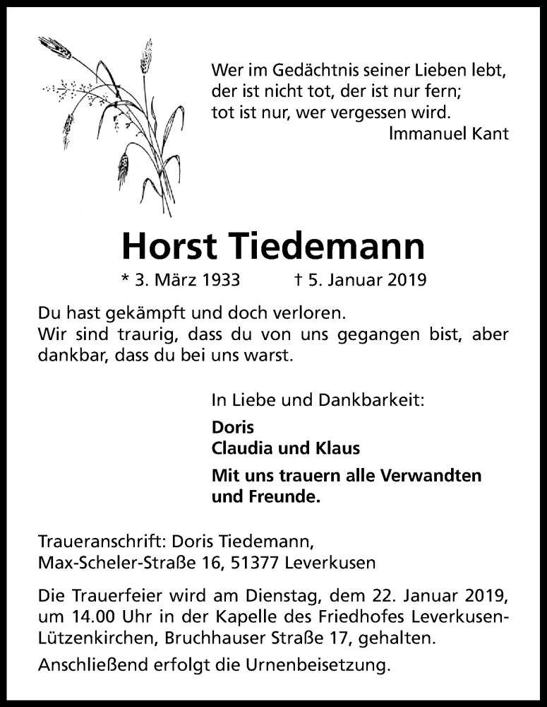  Traueranzeige für Horst Tiedemann vom 19.01.2019 aus Kölner Stadt-Anzeiger / Kölnische Rundschau / Express