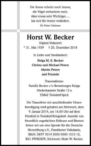Anzeige von Horst W. Becker von Kölner Stadt-Anzeiger / Kölnische Rundschau / Express