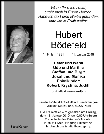 Anzeige von Hubert Bödefeld von Kölner Stadt-Anzeiger / Kölnische Rundschau / Express