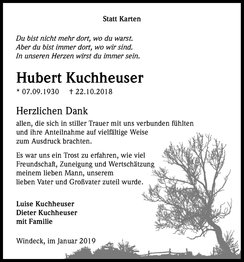  Traueranzeige für Hubert Kuchheuser vom 05.01.2019 aus Kölner Stadt-Anzeiger / Kölnische Rundschau / Express