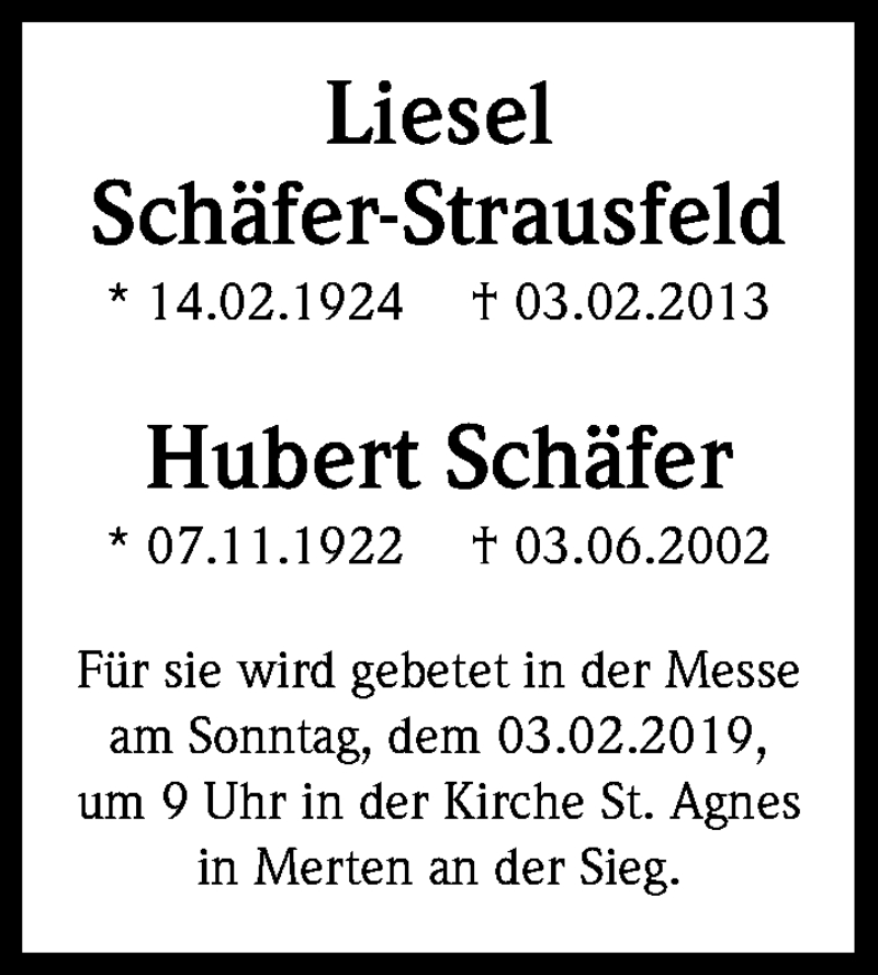  Traueranzeige für Hubert Schäfer vom 26.01.2019 aus Kölner Stadt-Anzeiger / Kölnische Rundschau / Express