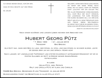 Anzeige von Hubert Georg Pütz von Kölner Stadt-Anzeiger / Kölnische Rundschau / Express