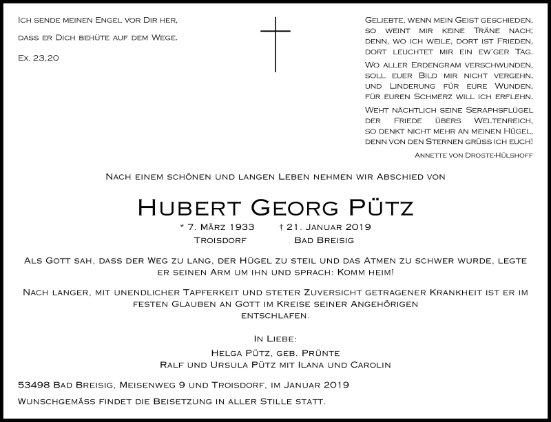  Traueranzeige für Hubert Georg Pütz vom 26.01.2019 aus Kölner Stadt-Anzeiger / Kölnische Rundschau / Express