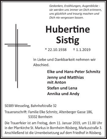 Anzeige von Hubertine Sistig von  Schlossbote/Werbekurier 