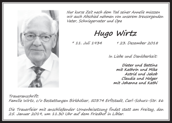 Anzeige von Hugo Wirtz von  Werbepost 
