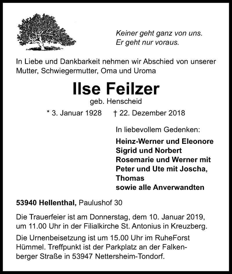  Traueranzeige für Ilse Feilzer vom 05.01.2019 aus Kölner Stadt-Anzeiger / Kölnische Rundschau / Express