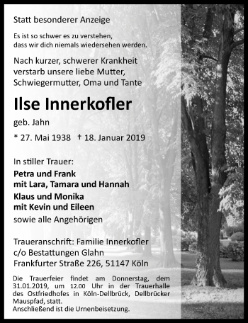Anzeige von Ilse Innerkofler von  Kölner Wochenspiegel 