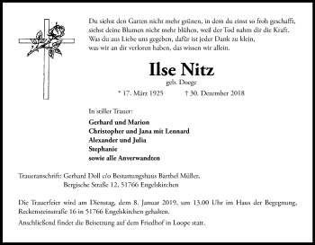 Anzeige von Ilse Nitz von Kölner Stadt-Anzeiger / Kölnische Rundschau / Express