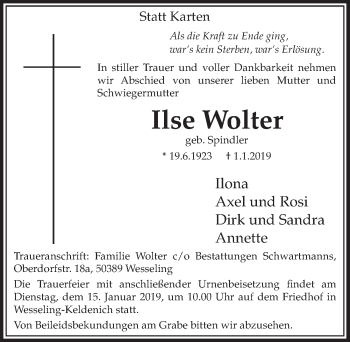 Anzeige von Ilse Wolter von  Schlossbote/Werbekurier 