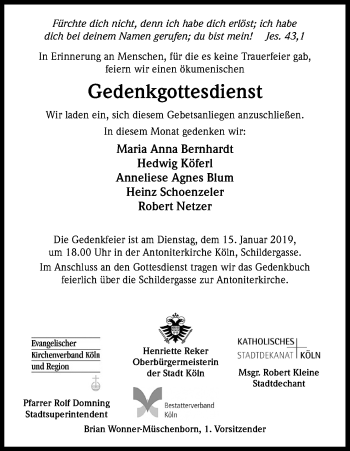 Anzeige von In Gedenken  von Kölner Stadt-Anzeiger / Kölnische Rundschau / Express