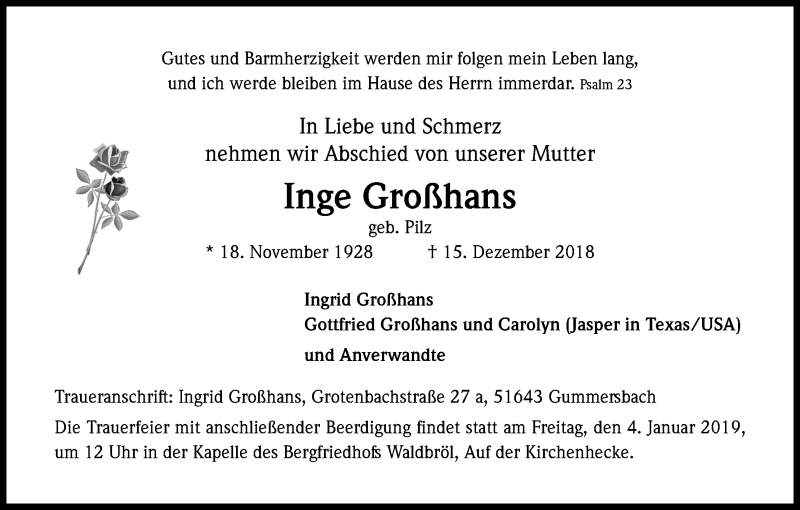  Traueranzeige für Inge Großhans vom 03.01.2019 aus Kölner Stadt-Anzeiger / Kölnische Rundschau / Express