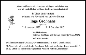 Anzeige von Inge Großhans von Kölner Stadt-Anzeiger / Kölnische Rundschau / Express
