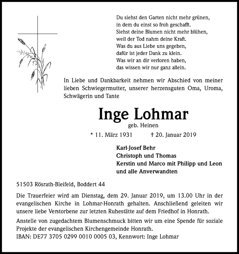  Traueranzeige für Inge Lohmar vom 26.01.2019 aus Kölner Stadt-Anzeiger / Kölnische Rundschau / Express