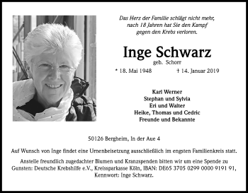 Anzeige von Inge Schwarz von Kölner Stadt-Anzeiger / Kölnische Rundschau / Express