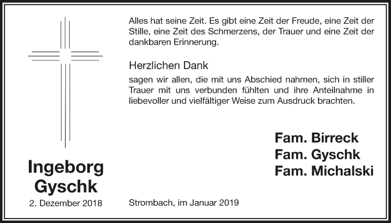  Traueranzeige für Ingeborg Gyschk vom 23.01.2019 aus  Anzeigen Echo 
