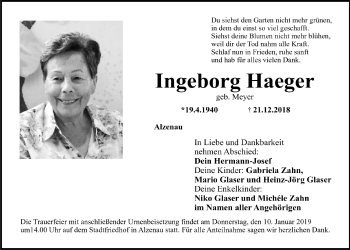 Anzeige von Ingeborg Haeger von  Bergisches Sonntagsblatt 