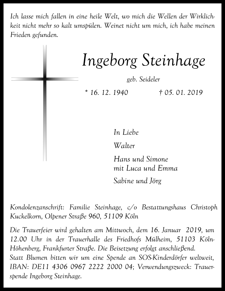  Traueranzeige für Ingeborg Steinhage vom 12.01.2019 aus Kölner Stadt-Anzeiger / Kölnische Rundschau / Express