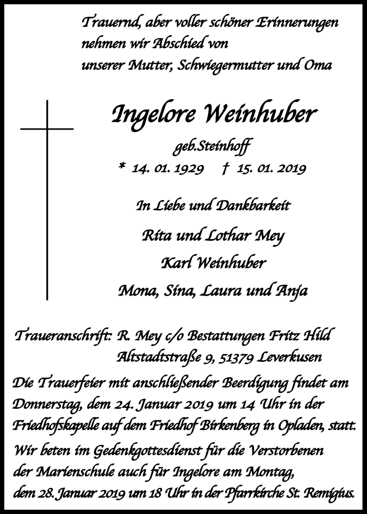  Traueranzeige für Ingelore Weinhuber vom 25.01.2019 aus Kölner Stadt-Anzeiger / Kölnische Rundschau / Express