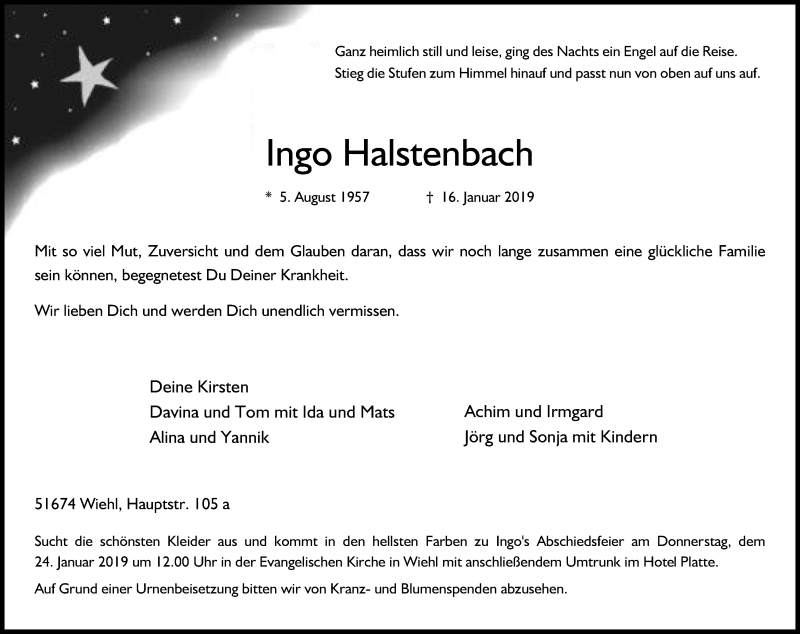  Traueranzeige für Ingo Halstenbach vom 19.01.2019 aus Kölner Stadt-Anzeiger / Kölnische Rundschau / Express
